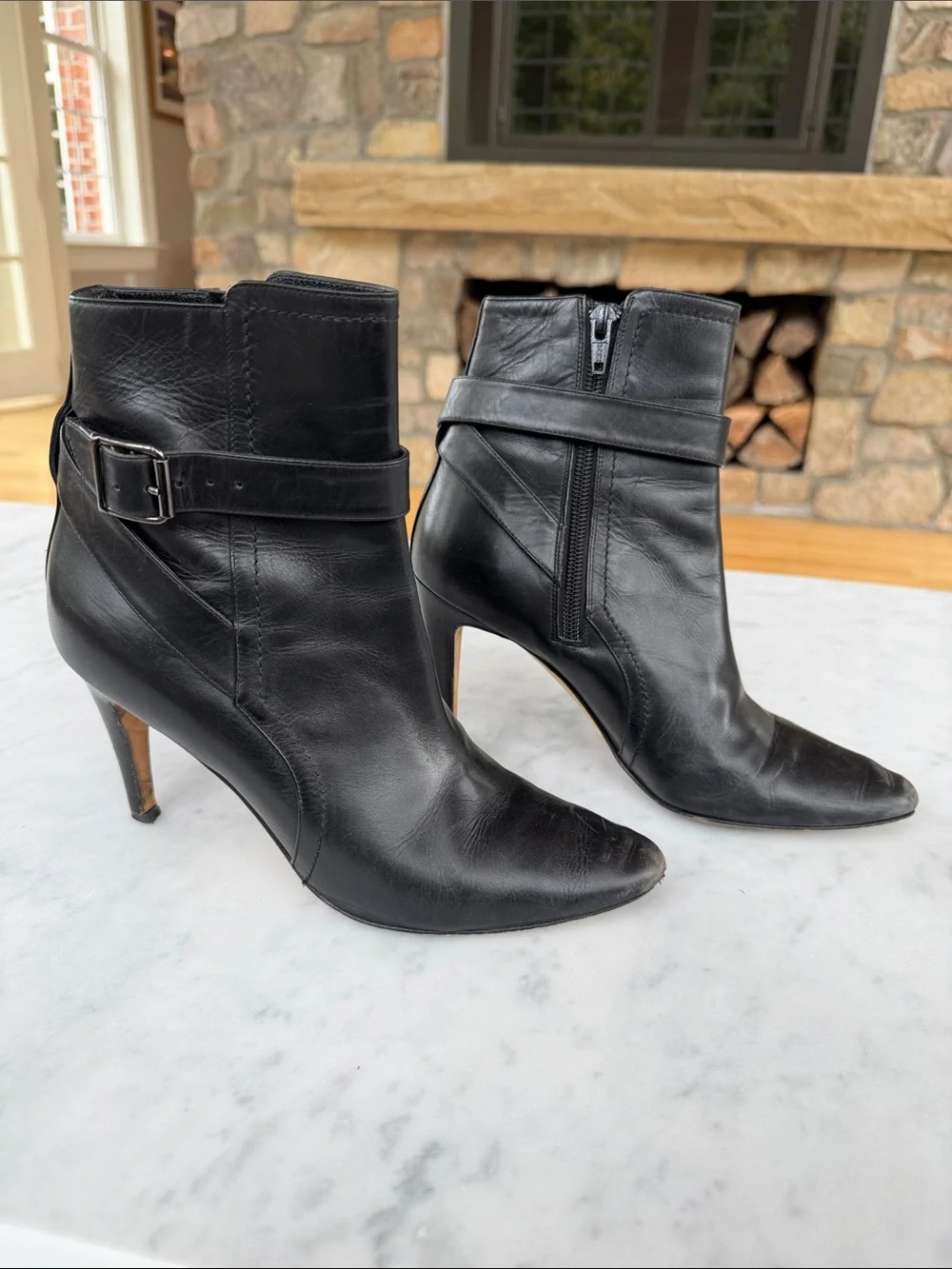 Manolo Blahnik Black Leather Pointed Ankle Booties with Buckle Strap